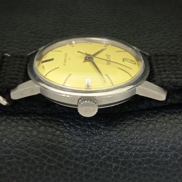 Vintage 1984 Enicar Automatic Mens Silver Watch & Yellow accents